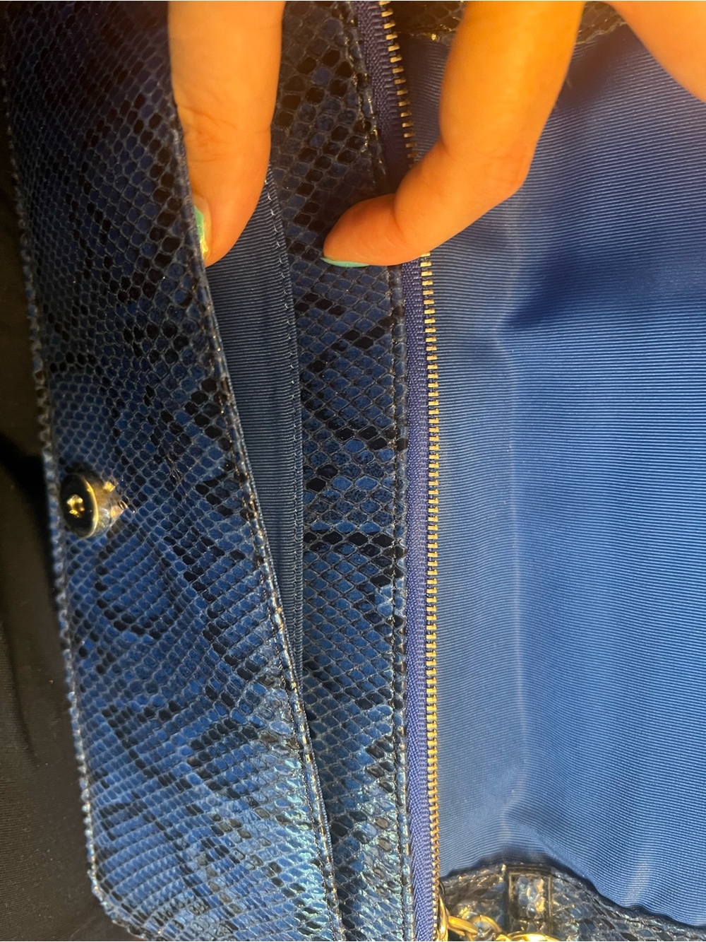 Blue Snake-Embossed Leather Clutch with Strap and matching reversible belt set - Picture 4 of 8